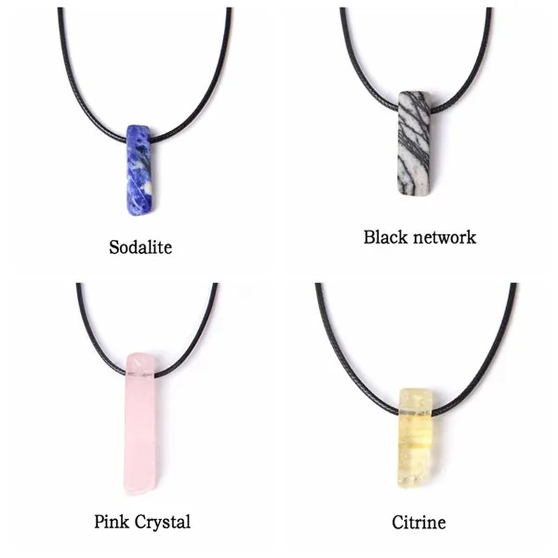 Unique Design Stone Pendant Necklace Fashion Black Rope Natural Stone Aquamarine Amethyst Citrine Beads Necklace Men Women Jewelry