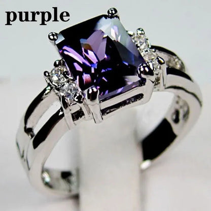 Women 925 Silver Plated Black Sapphire / Amethyst / Ruby Wedding Engagement Ring Size 6 7 8 9 10 (Choice Color and Size)