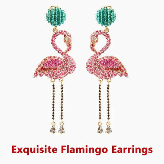 European and American High Quality Pink Diamond Earrings Flamingo Full Set Diamond Earrings Animal Exaggerated Temperament Tassel Lady Earrings Personality Jewelry