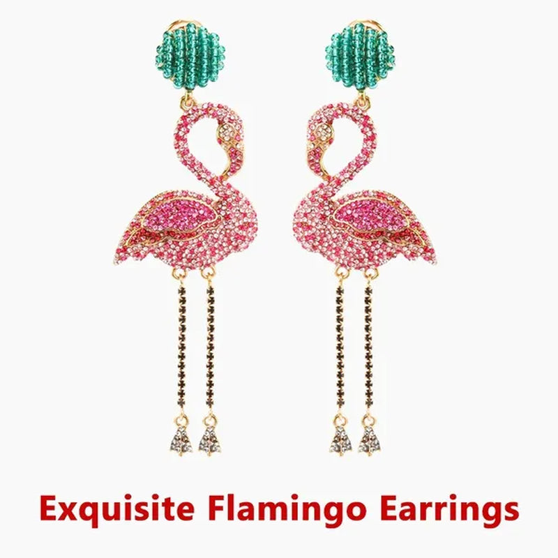 European and American High Quality Pink Diamond Earrings Flamingo Full Set Diamond Earrings Animal Exaggerated Temperament Tassel Lady Earrings Personality Jewelry
