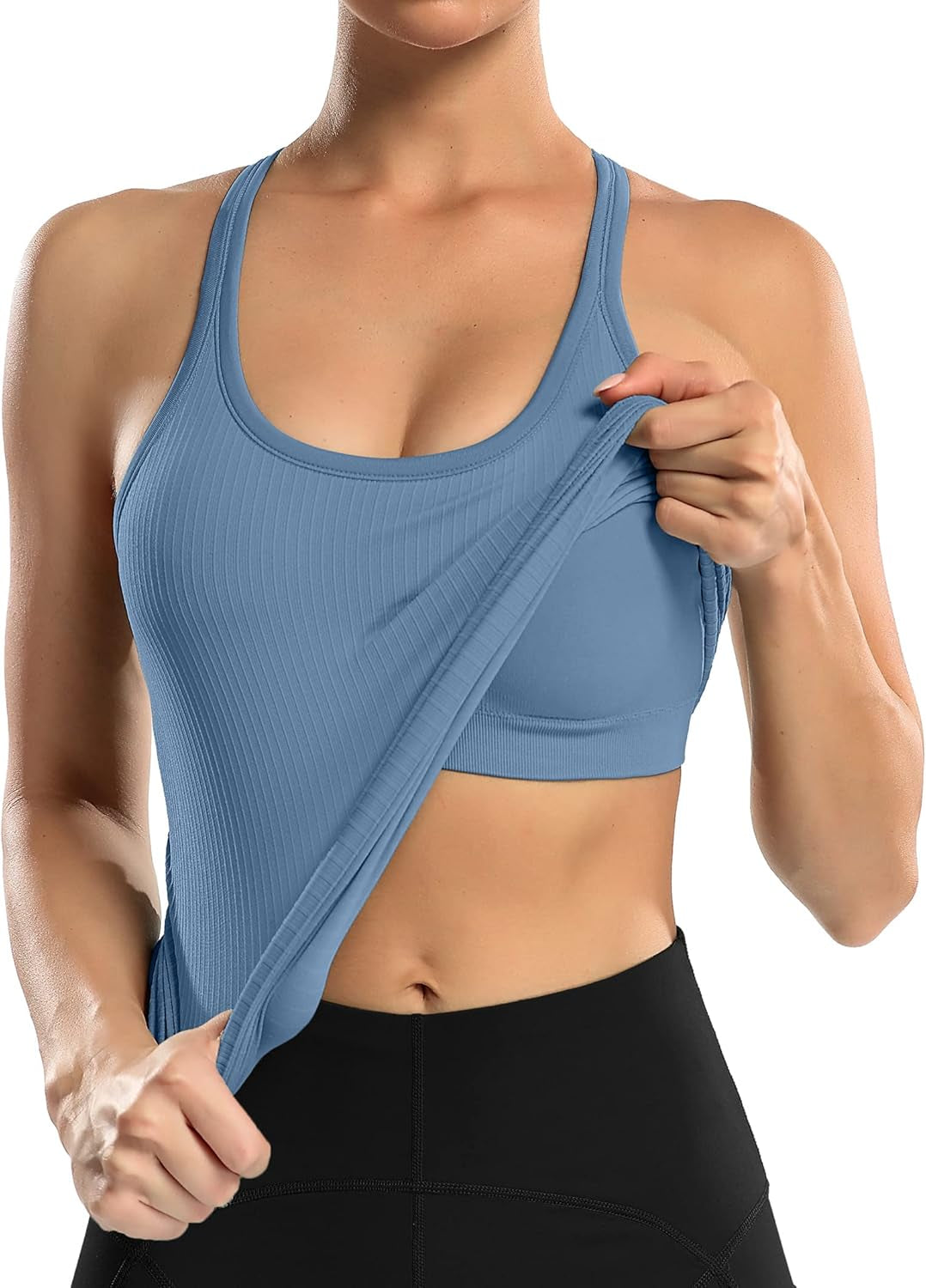 Ribbed Workout Tank Tops for Women with Built in Bra Tight Racerback Scoop Neck Athletic Top - WORLD TIME VISITS