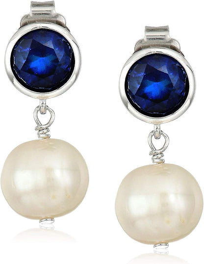 925 Sterling Silver Bezel-Set Gemstone Birthstone and 8Mm White Freshwater Cultured Pearl Post Drop Earrings - WORLD TIME VISITS