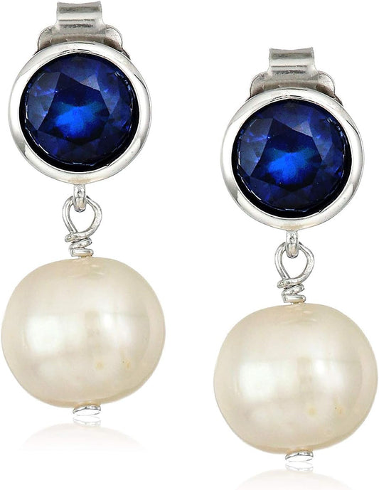925 Sterling Silver Bezel-Set Gemstone Birthstone and 8Mm White Freshwater Cultured Pearl Post Drop Earrings - WORLD TIME VISITS