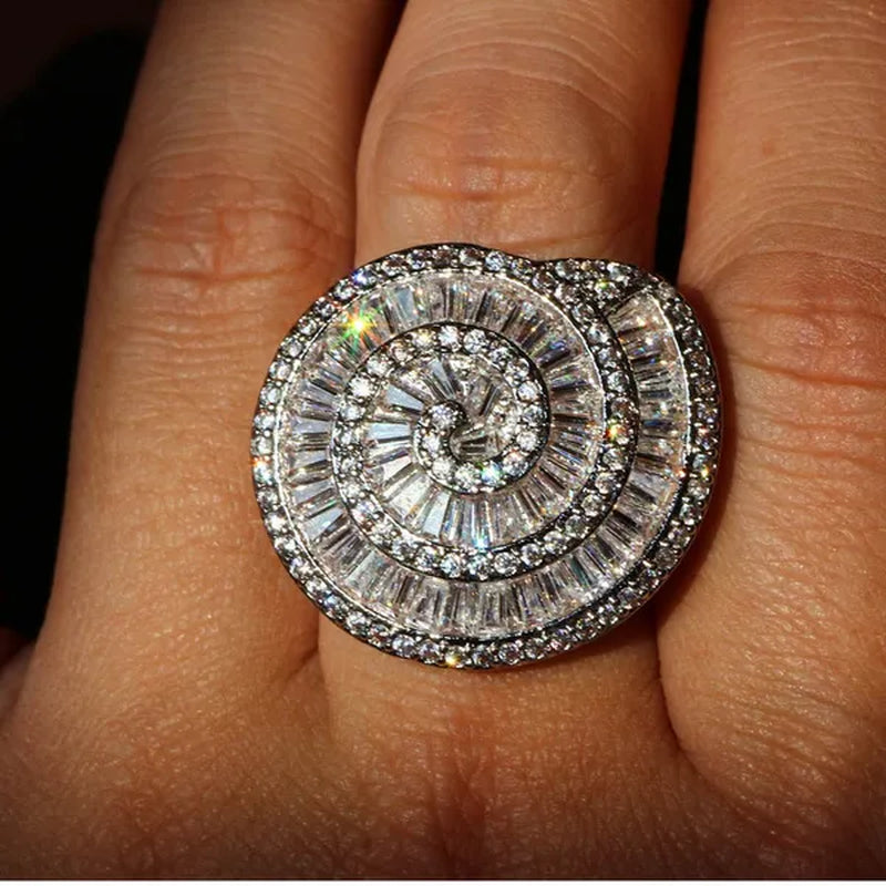 Gorgeous  Silver Crown Natural Gemstones White Sapphire Birthstone Bride Wedding Engagement Multilayer Rose Conch Ring Size 6 7 8 9 10