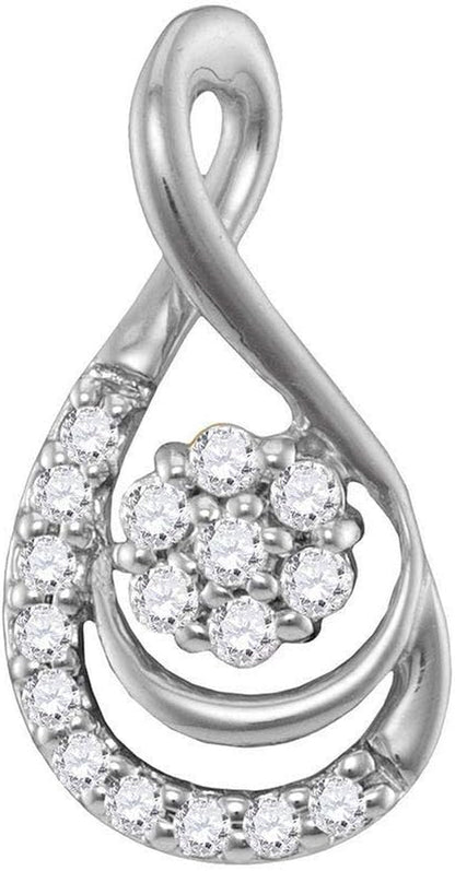 10Kt White Gold Womens round Diamond Flower Cluster Teardrop Pendant 1/10 Cttw