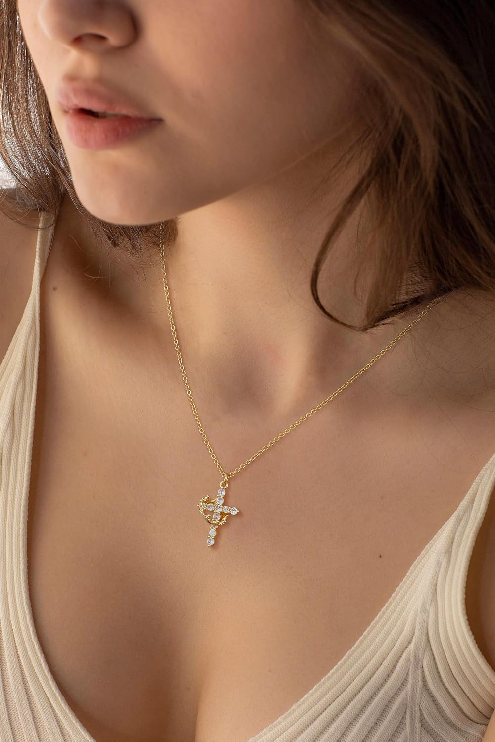 Christian Gift Stocking Stuffers Cross Necklace for Women-Dainty 14K Gold Plated/Silver Plated Pendant Necklaces Simple Cute Tiny Necklace Jewelry for Women