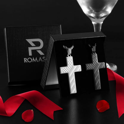 2Pcs Valentines Day Gifts Cross Necklace for Men Boys, Bible Verse Stainless Steel Silver Black American Flag Chains for Men Pendant Jewelry Box