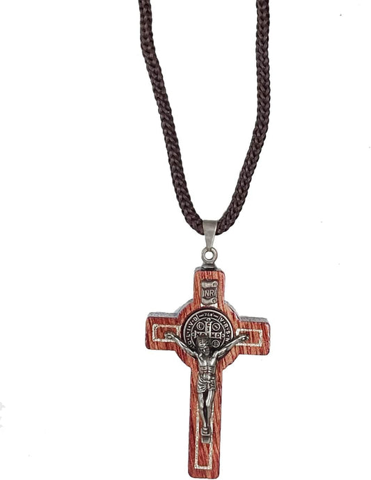 Saint Benedict Medal Wood Crucifix Pendant Cord Necklace. Religious Necklace for Men and Women. Made in Brazil