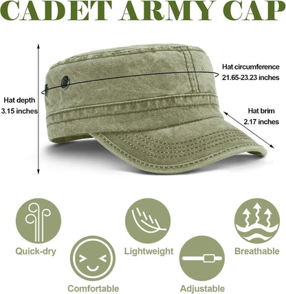 3 Pieces Cadet Army Cotton Caps Washed Military for Flat Top Caps Adjustable Military Style Hat Unisex