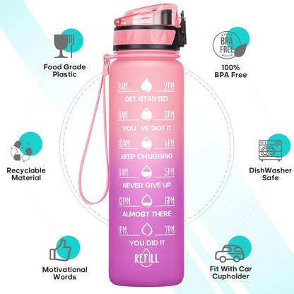 Motivational Water Bottle with Time Marker, 32 Oz (950 Ml), Bpa-Free Plastic, Easy Drink Straw, Fits Cup Holder - WORLD TIME VISITS