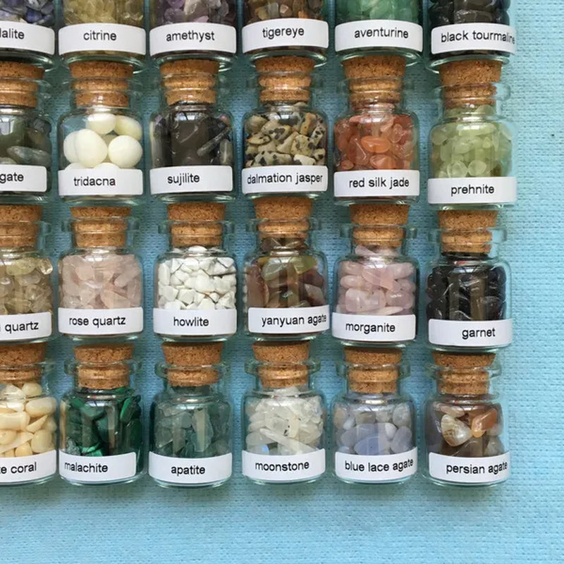 40 Mini Gemstone Bottles Chip Crystal Healing Tumbled Gem Reiki Wicca Stones Set
