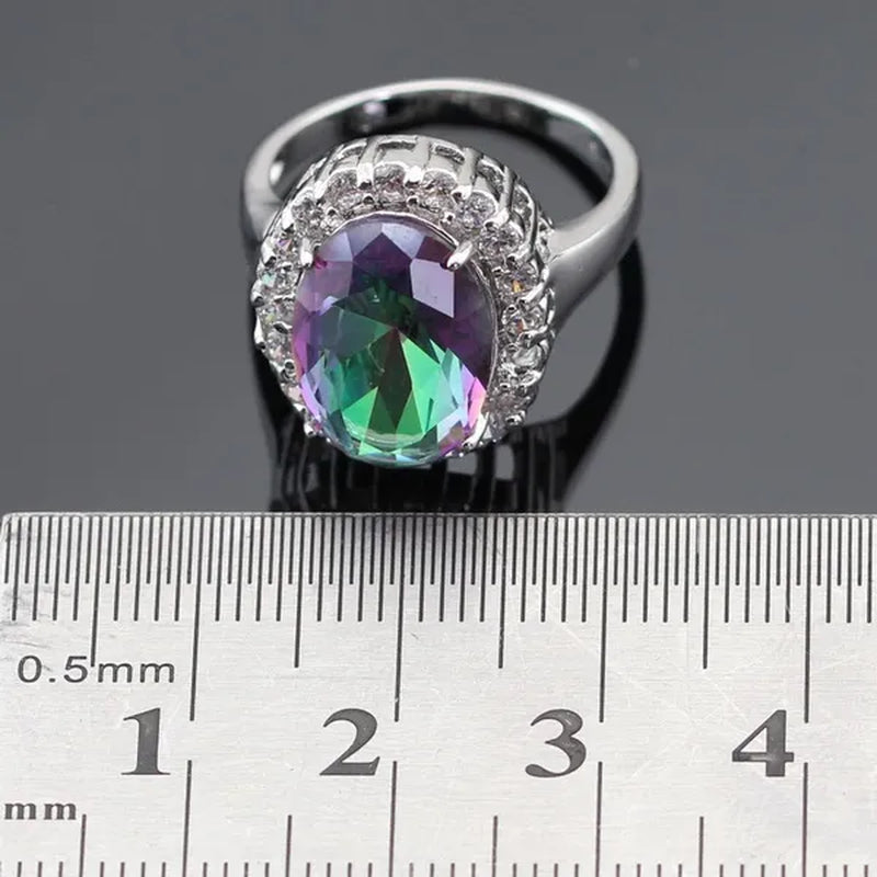 Huge round 925 Sterling Silver Jewelry Sets Multicolor Rainbow Topaz White Topaz Necklace Pendant Drop Earrings Ring for Women Free Gift Box