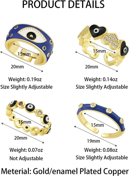 4PCS Evil Eye Ring Set Y2K Colorful Enamel Adjustable Gold Rings for Women Aesthetic Trendy Ring Set for Teen Girls