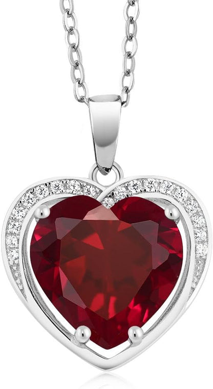 925 Sterling Silver Created Ruby Pendant Necklace for Women (4.25 Cttw, Heart Shape 10MM, with 18 Inch Silver Chain)