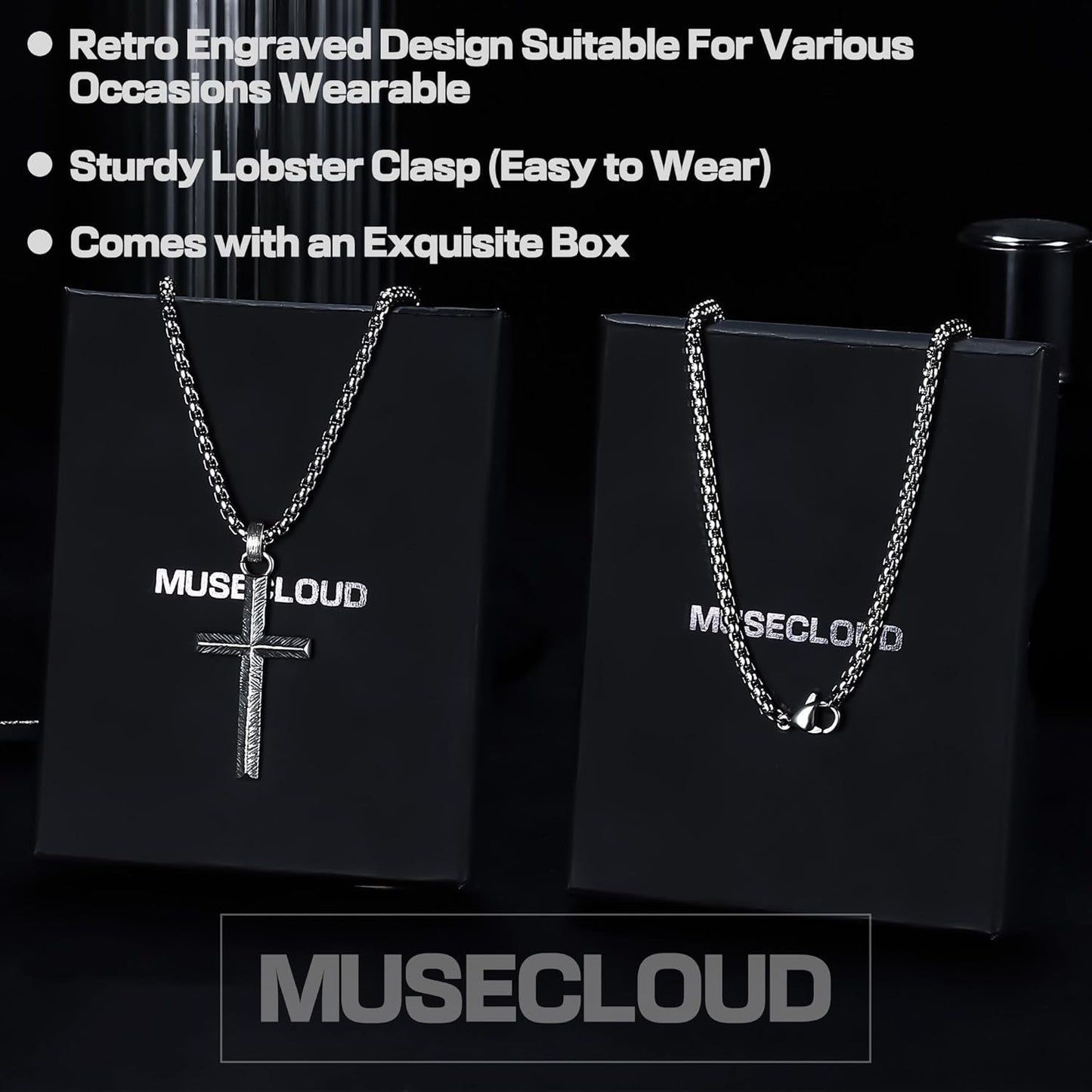 925 Sterling Silver Cross Necklace Men - Oxidized Carved Cross Pendant with Stainless Steel Box Chain Vintage Unique Crucifix Necklaces Silver Jewelry for Mens Women 18-26 Inches