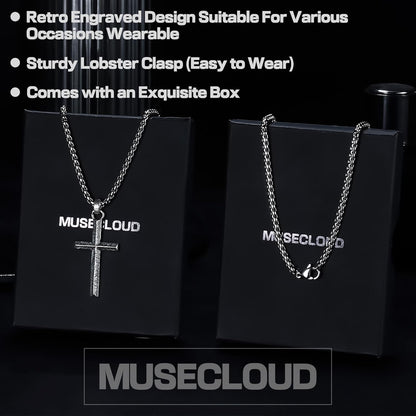 925 Sterling Silver Cross Necklace Men - Oxidized Carved Cross Pendant with Stainless Steel Box Chain Vintage Unique Crucifix Necklaces Silver Jewelry for Mens Women 18-26 Inches