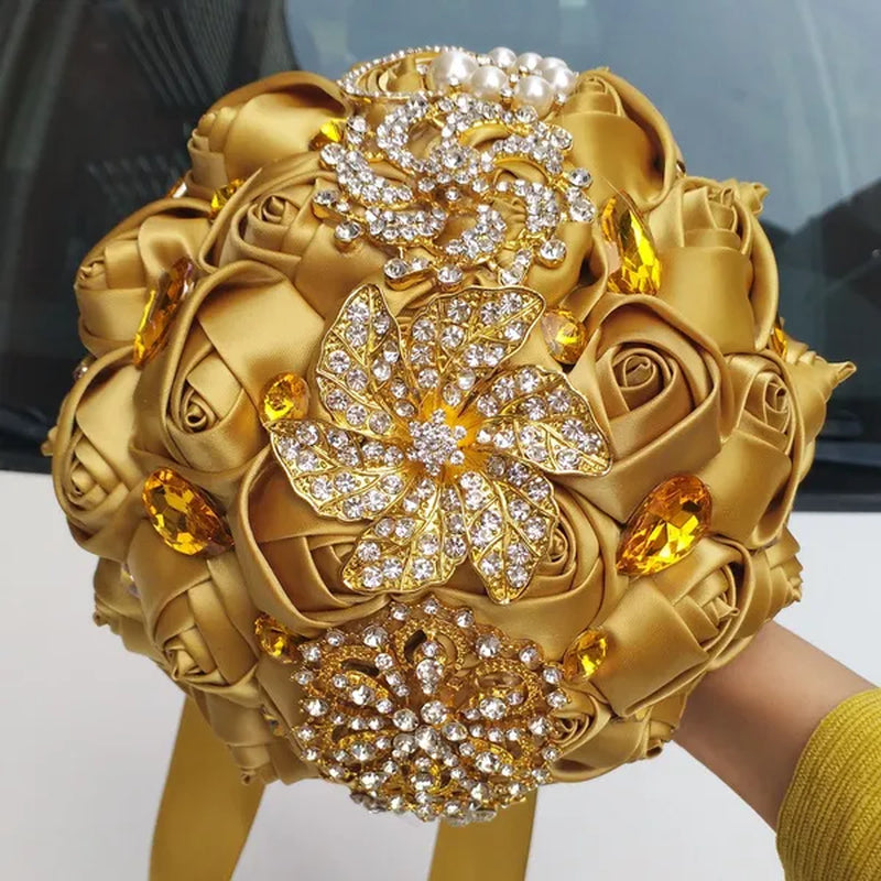 Private Custom 18CM Wedding Bouquet Luxury Gold Crystal Brooch Bride Bouquet Pure Handmade Silk Rose Ribbon Wedding Bride Holding Flowers Multi-color Optional - WORLD TIME VISITS