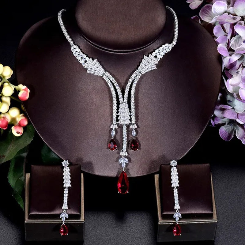 Gloriya Noble Wedding Banquet Jewelry Set Dress Accessories Full CZ with Red Water Drop Gemstones Long Tassel Dangle Earrings and Choker Necklace Sets for Ladies
