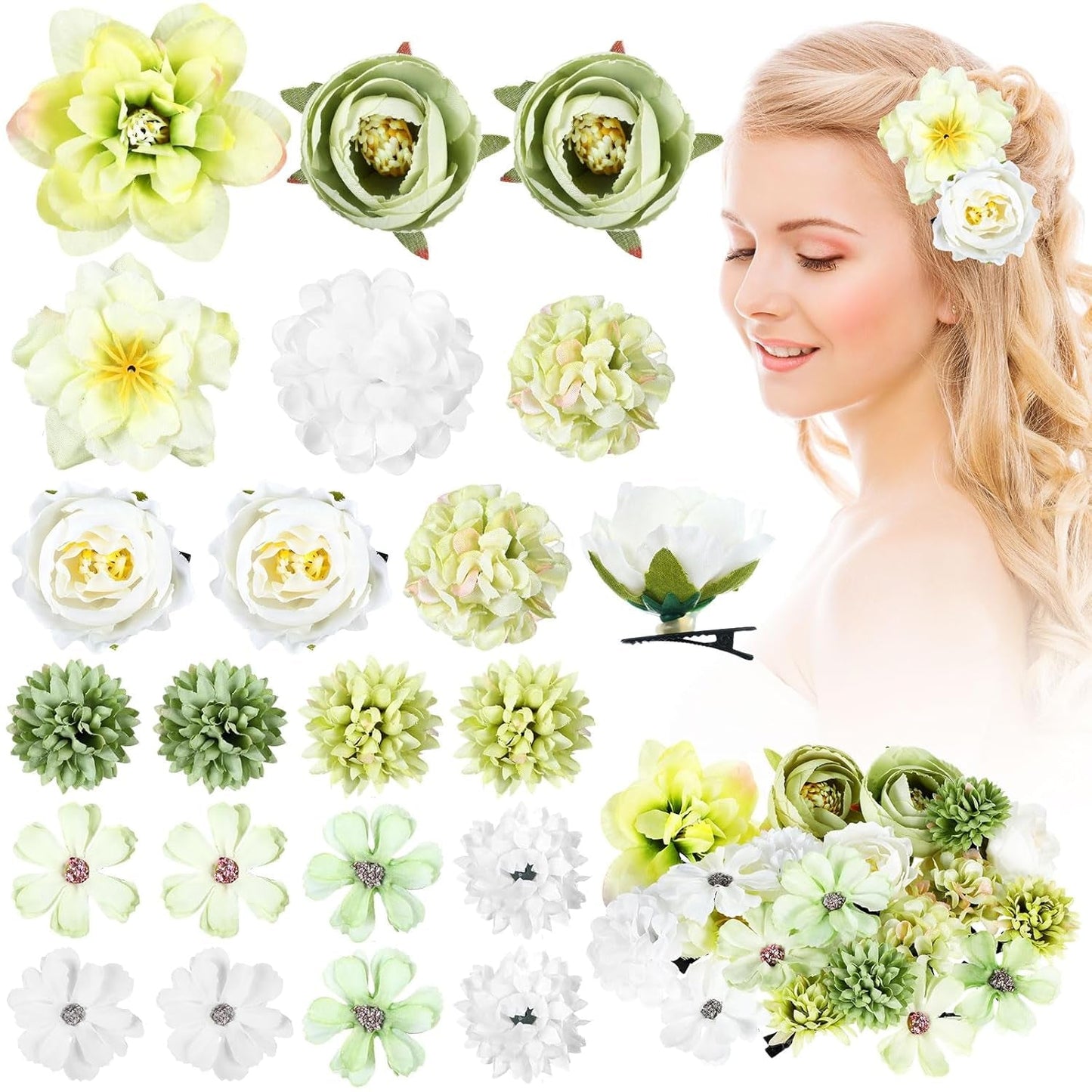 21 Pcs Flower Hair Clip Rose Hair Clips Barrettes for Women Flower Accessories Boho Bride Claw Clip Hairpin Brooch Pin Headpiece for Wedding(Cyan Series)