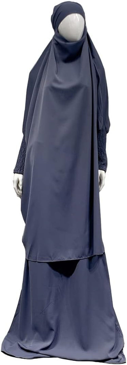 Women Muslim 2 Set Solid Color plus Long Sleeve Thobe One-Size Longuette Overall Abaya Thobe with Hoodied Hijab