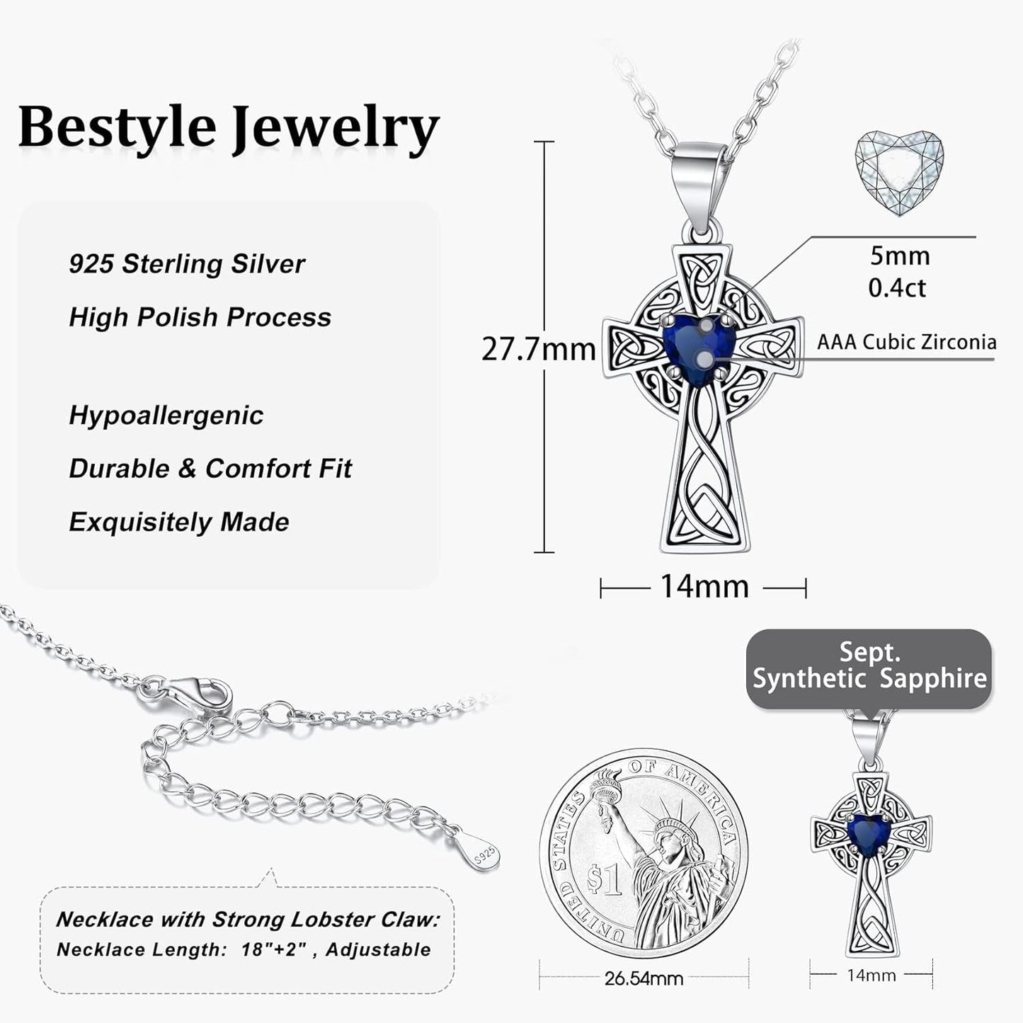 Silver Celtic Cross Necklace with 12 Month Heart Birthstone, Dainty Celtic Birthstone Necklace Silver Chain for Women Faith Irish Amulet Lucky Birthstone Jewelry