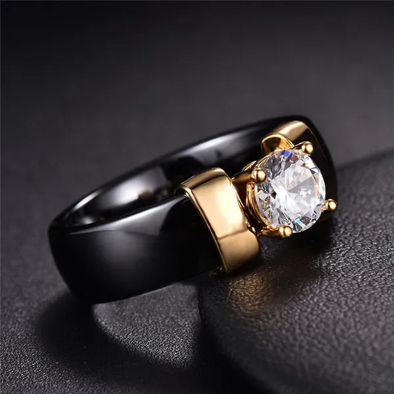 Fashion Male And Female Anti Allergy Black White Ceramic Ring Silver Gold Color  Diamond Solitare Ring Wedding Rings For Couple