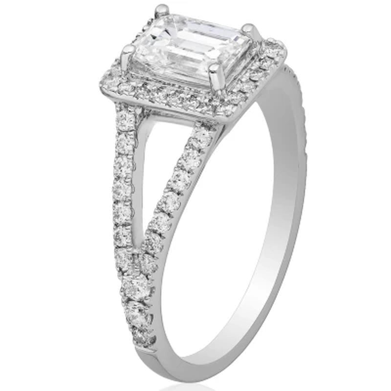 Superior Quality VS Collection 1.50 CT. T.W. Emerald Shaped Diamond Halo Ring in 18K White Gold (I, VS2)