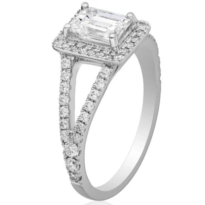 Superior Quality VS Collection 1.50 CT. T.W. Emerald Shaped Diamond Halo Ring in 18K White Gold (I, VS2)