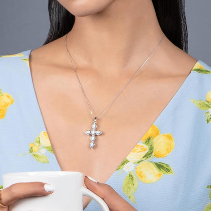 Cross Pendant Necklace in Sterling Silver with Oval Shape Created Opal or Created Ruby or Created Pink Sapphire and round Created White Sapphire, 18” Box Chain
