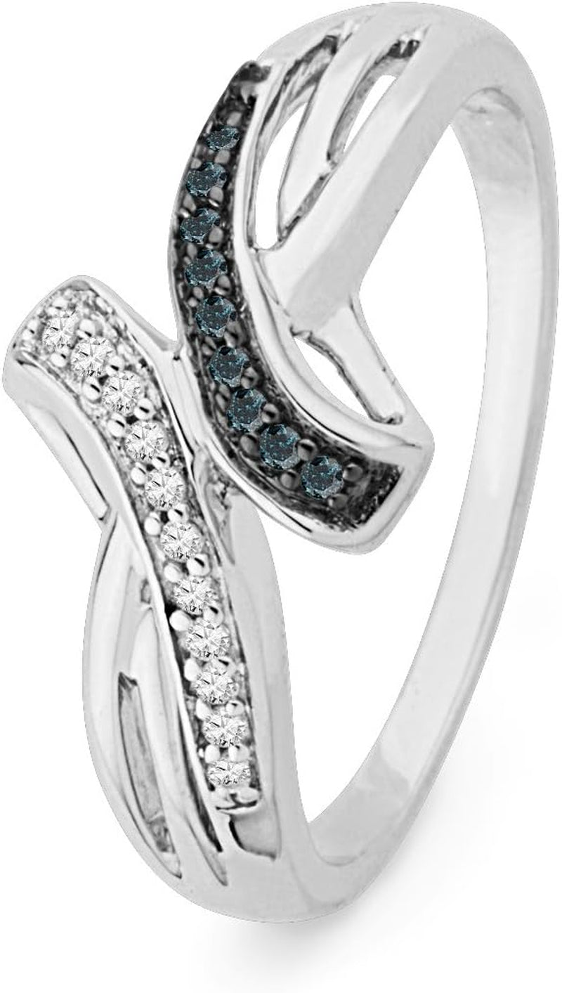 10KT White Gold Blue and White round Diamond Bypass Ring (1/10 Cttw)