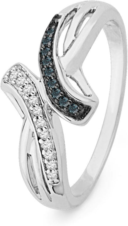 10KT White Gold Blue and White round Diamond Bypass Ring (1/10 Cttw)