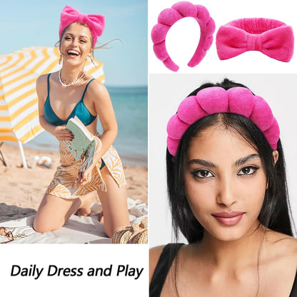 6 Pack Makeup and Skincare Headbands - Rose Pink Sponge Hair Bands, Bow Tie Wristbands for Face Washing, Women'S Hair Accessories