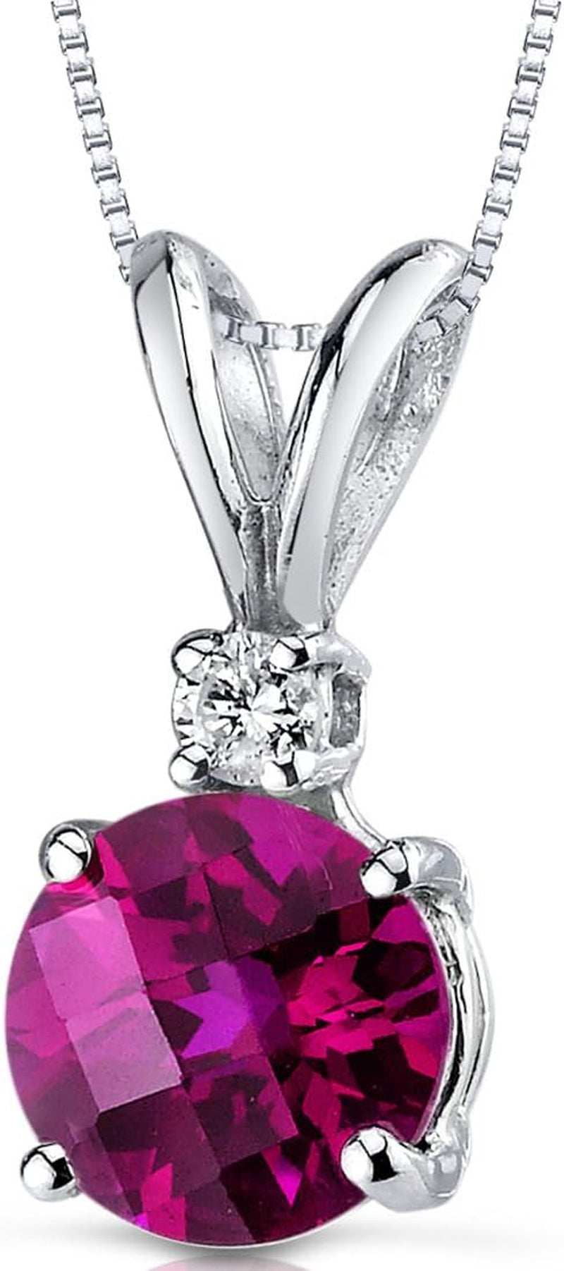 14K White Gold Created Ruby with Genuine Diamond Pendant, Elegant Solitaire, round Shape, 6.50Mm, 1.35 Carats Total