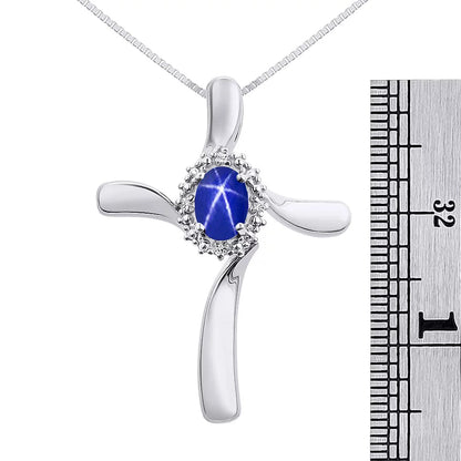 Diamond & Blue Star Sapphire Cross Pendant Necklace Set in Sterling Silver .925 with 18" Chain