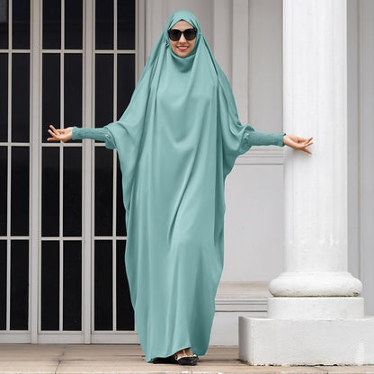 Muslim Abaya for Women One Piece Long Sleeve Islamic Prayer Dress with Hooded Hijab Maxi Kaftan Robe Modest Clothes