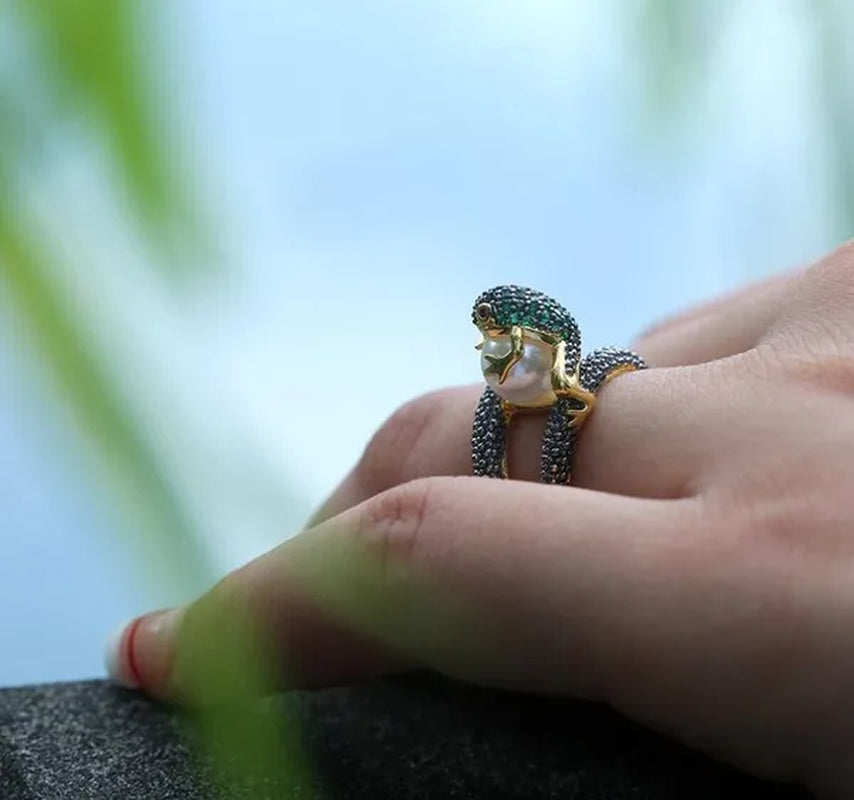 Genuine Women's Ring 9.68CT Tsavorite Rich Frog Pearl Wealth Rings Black Sapphire Jewelry Golden Wedding Band Size 6 - 10