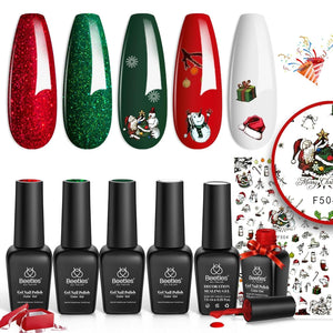 Beetles Gel Nail Polish Set, Sparkle Red Green Gel Polish Kit Soak off UV LED Gel Nail Kit Manicure Gift with Nail Strengthener Gel and Stickers Nail Art Beetles Gift Spree