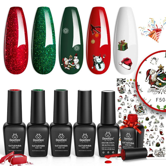 Beetles Gel Nail Polish Set, Sparkle Red Green Gel Polish Kit Soak off UV LED Gel Nail Kit Manicure Gift with Nail Strengthener Gel and Stickers Nail Art Beetles Gift Spree