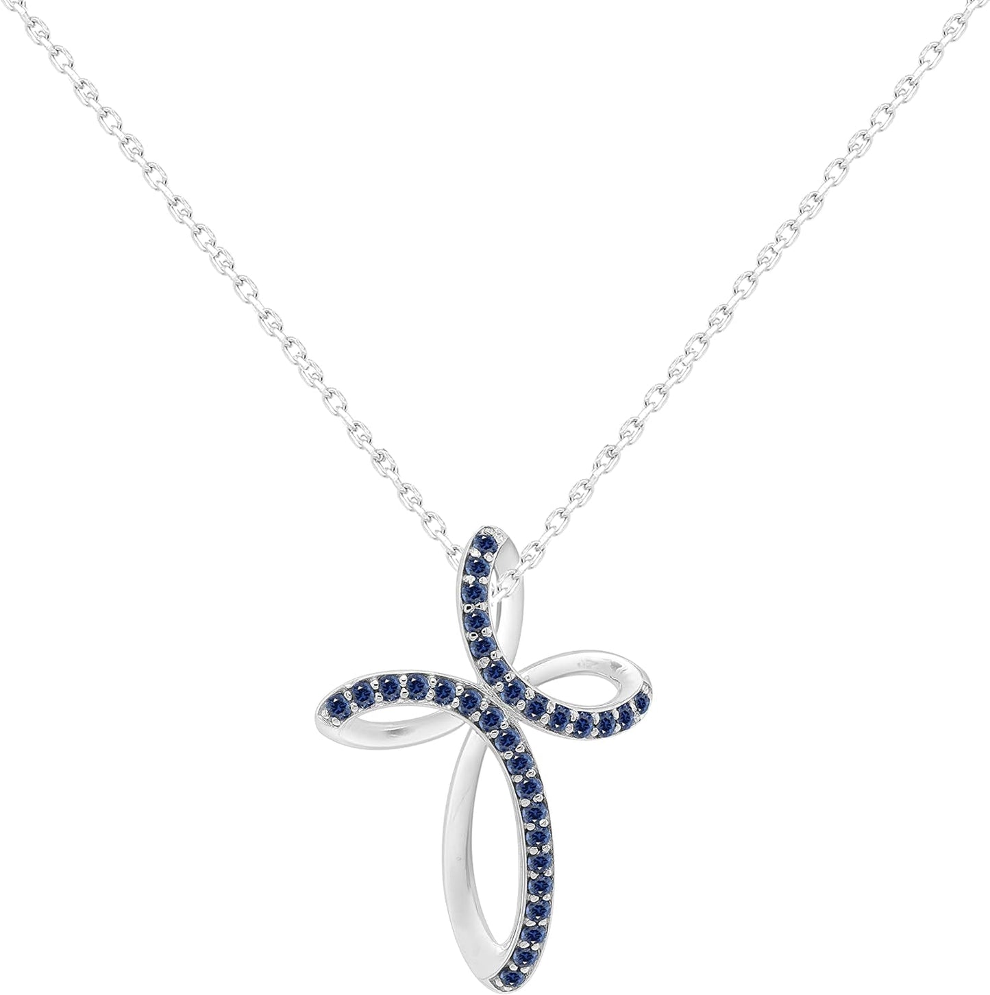 Mothers Day Gifts 1.2MM round Cut Blue Sapphire Infinity Cross Necklace Pendant - 14K White Gold over 925 Sterling Silver Twist Cross Necklace for Women with 18" Chain (Clarity-Vvs1, Color-Blue, 0.12 Carat)