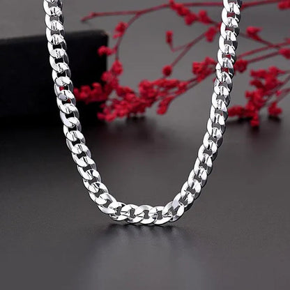 Solid 925 Sterling Silver Italian 7mm Solid Diamond-Cut Cuban Link Curb Chain Necklace for Men