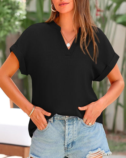 Womens Summer Tops 2025 V Neck Short Sleeve Tshirt Loose Flowy Tunics Solid Color Dressy Casual Blouse Shirts