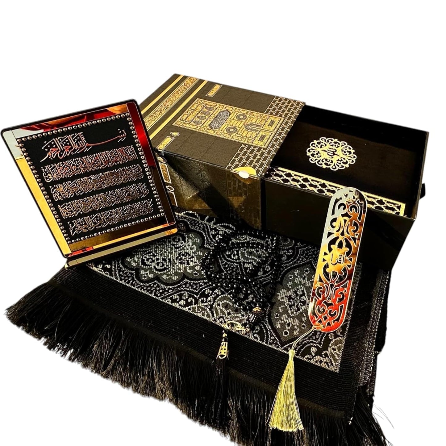Muslim Prayer Rug, Islamic Gift Set, Velvet Full Arabic Quran, Elegant Kaaba Design Box, Ayat El Kursi Table Top, Prayer Beads, Bookmark, Janamaz, Salah Mat (KAABA) - WORLD TIME VISITS