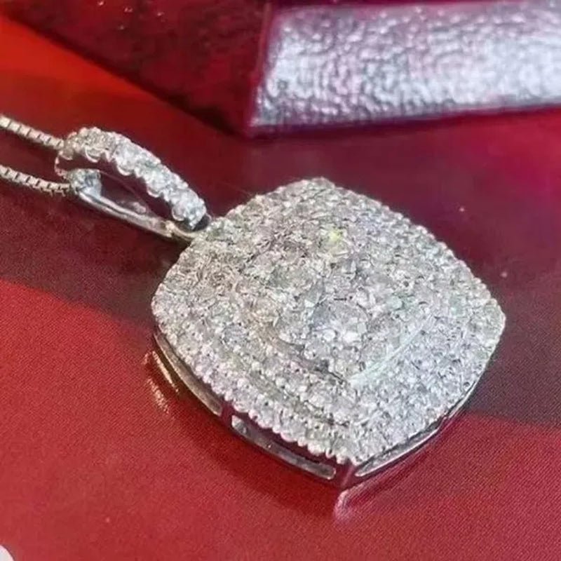 Delicate Pave Setting Diamond Square Pendant Necklace for Women Bridal Wedding Fashion Accessories