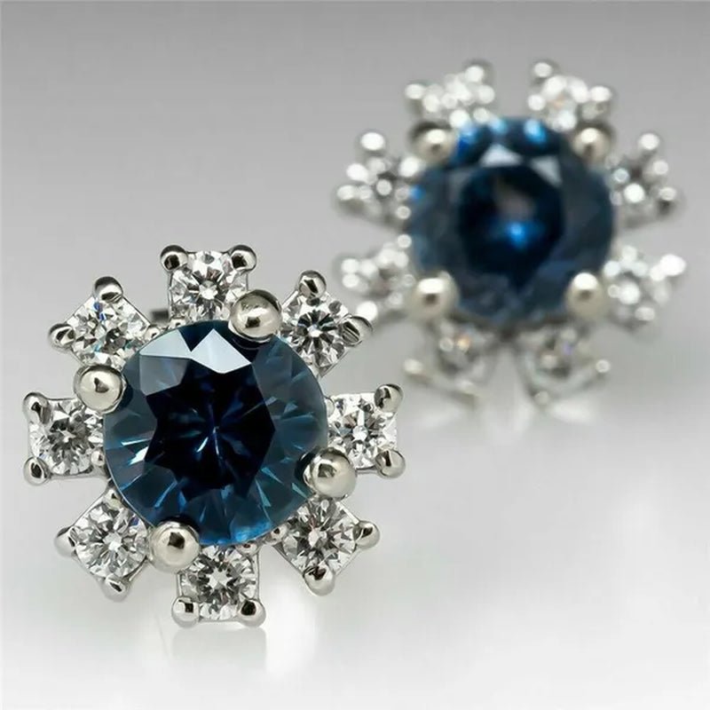 Delicate Silver Plated Round Cut Blue Sapphire Lab Diamond Snowflake Flower Stud Earrings for Women Daily Casual Accessories - WORLD TIME VISITS