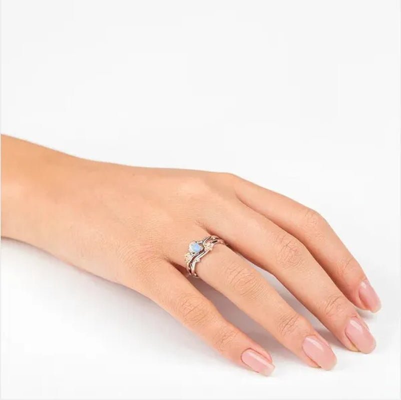 Delicate Women's Fashion Two Tone Twig And Rose Gold Flowers Moonstone Ring Set Anniversary Gift Engagement Bridal Wedding Jewelry Rings Size 5-10