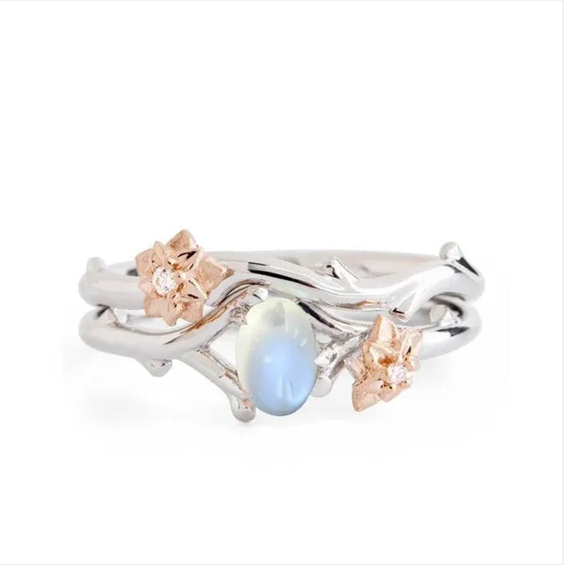 Delicate Women's Fashion Two Tone Twig And Rose Gold Flowers Moonstone Ring Set Anniversary Gift Engagement Bridal Wedding Jewelry Rings Size 5 - 10 - WORLD TIME VISITS
