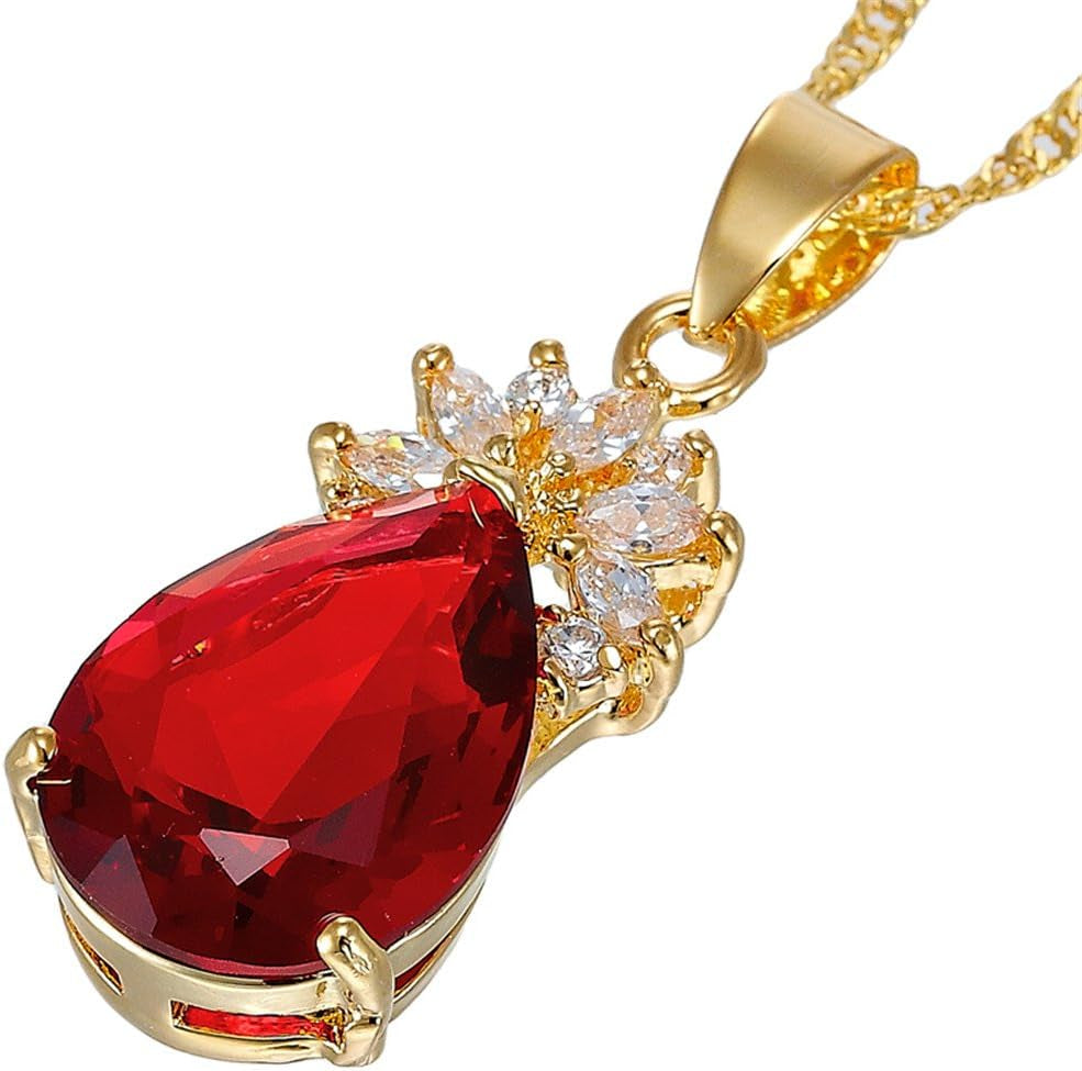 Pendant with 18" Chain & Pear Cut CZ [5 Colors Available] in Yellow Gold Plated, Simple Modern Elegant - WORLD TIME VISITS