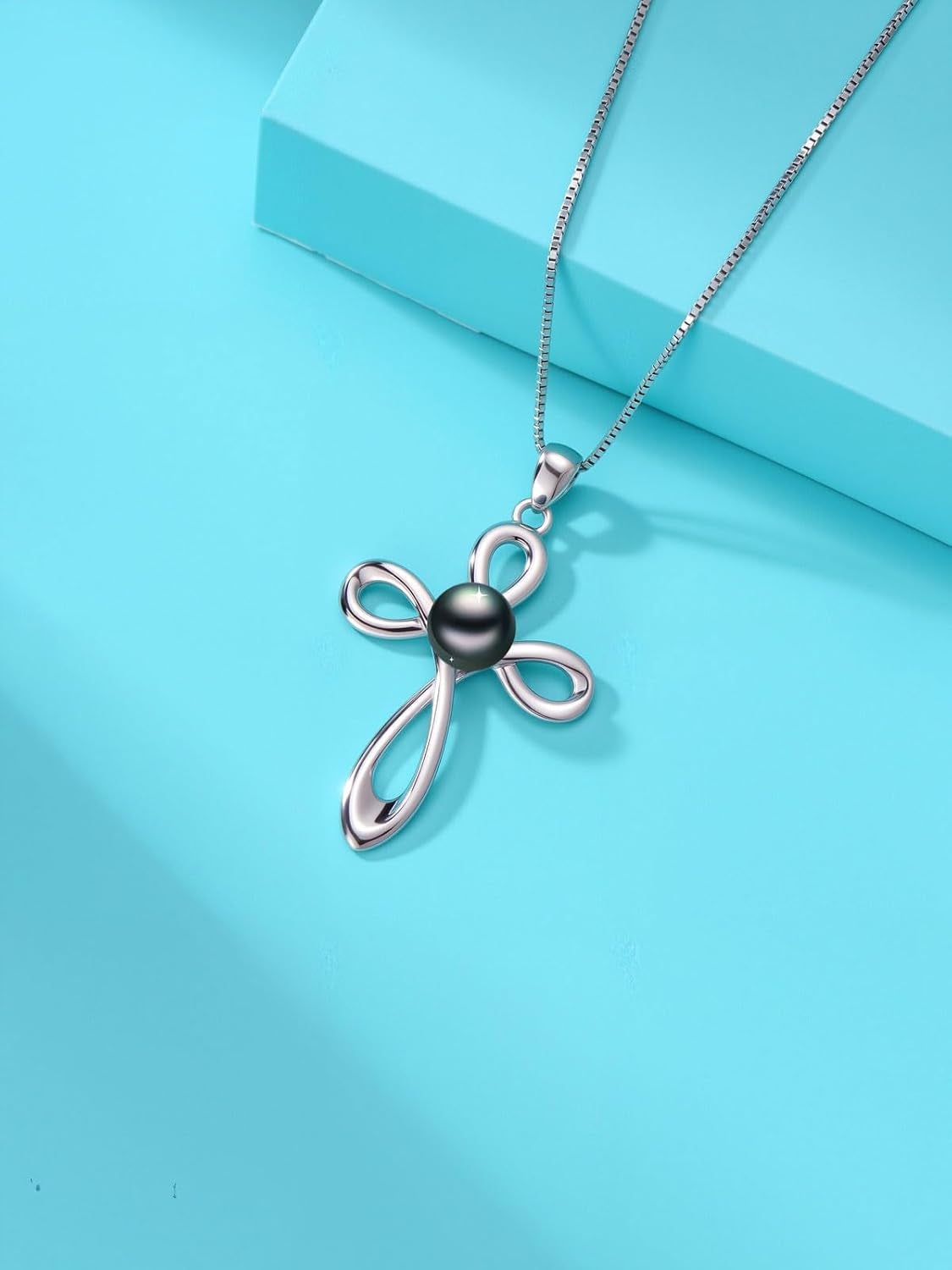 Tahitian Black Pearl AAAA 18K White Gold Plated Sterling Silver Religious Cross Pendant Necklace for Women Wife Mom Girlfriend Her Jewelry Gift for Anniversary Birthday