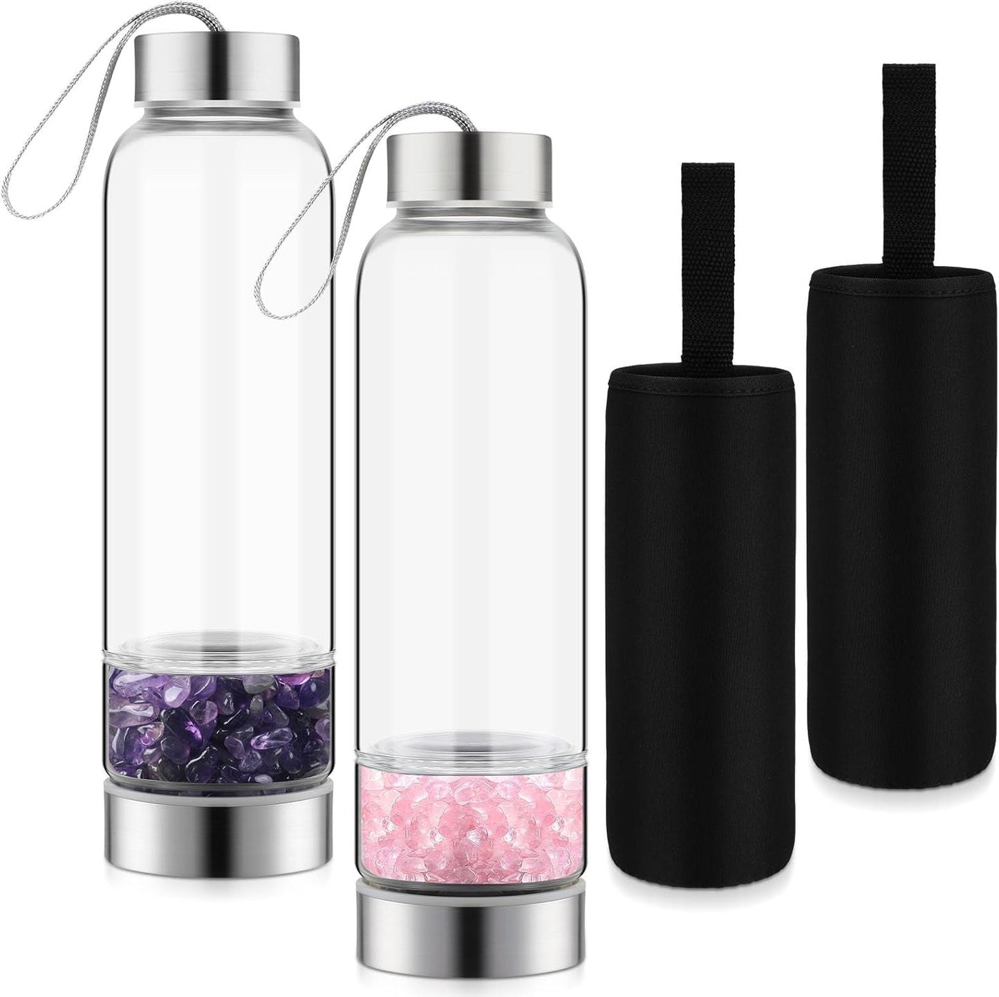 2 Pieces Crystal Glass Water Bottle with Gemstone Center Natural Amethyst and Rose Quartz Clear Water Bottle Quartz Crystal Cup Energy Cup for Healing and Wellness