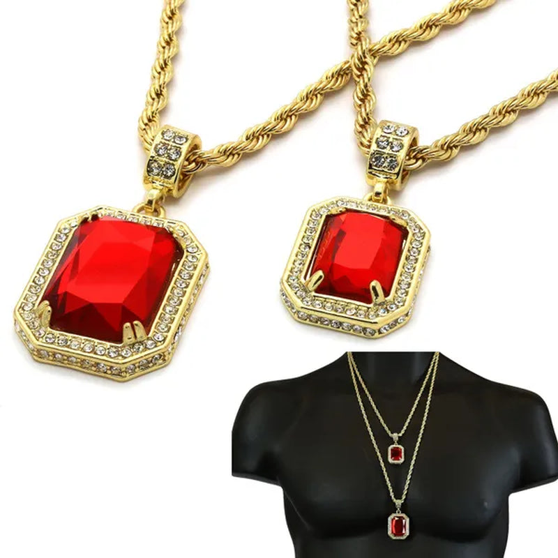 Men'S 14K Gold Plated High Fashion 2 Square Simulated Ruby Pendant 4Mm 30" & 24" Rope Chains Necklace - WORLD TIME VISITS